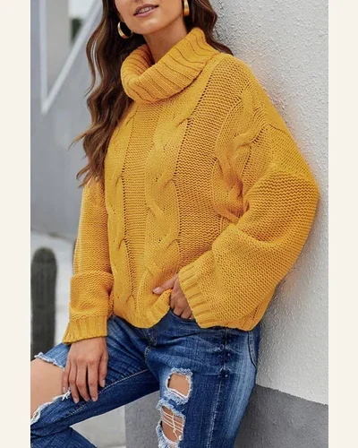 Pullover Sweater Tops Casual Yellow Cuddle Weather Cable, view 2