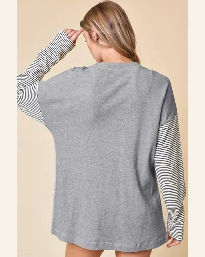 Cardigan Sweater Casual Black Stripe Colorblock Patchwork Open, view 2