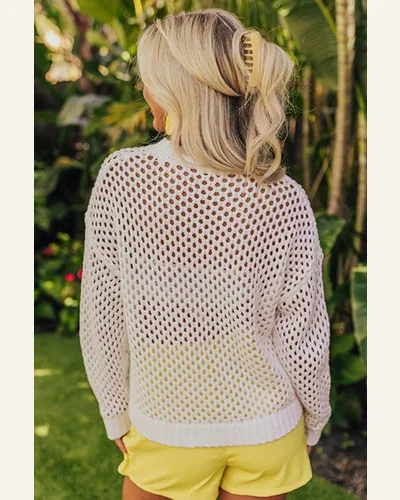 Casual Pullover Sweater Tops White Solid Color Open, view 2