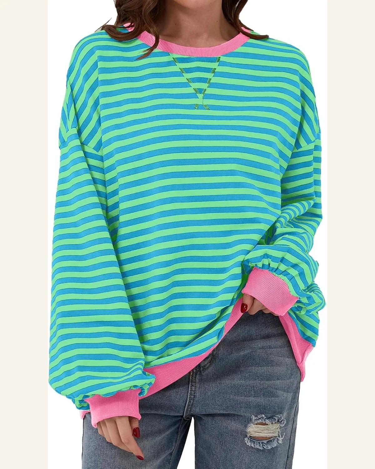Oversized Sweatshirts Striped Color Block Long Sleeve Crewneck by SELINK