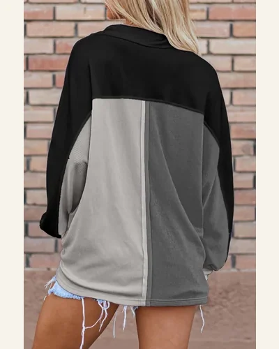 Casual Gray Oversized Sweatshirt Patchwork Color Block Long, view 2