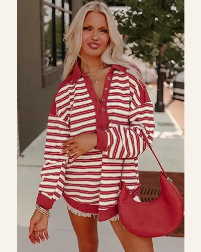 Tunic Tops Casual Red Stripe Buttoned V Neck, view 4
