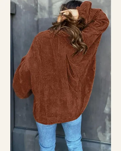 Shacket Jacket Casual Coffee Textured Corduroy Puff Sleeve, view 2