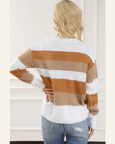 Pullover Sweater Tops Casual Chestnut Striped Cable Knit, view 3