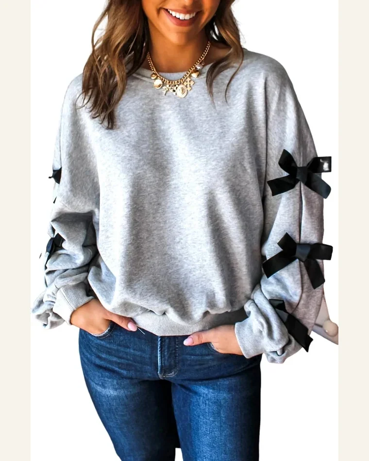 Casual Light Grey Contrast Bow Applique Sweatshirt Solid by SELINK