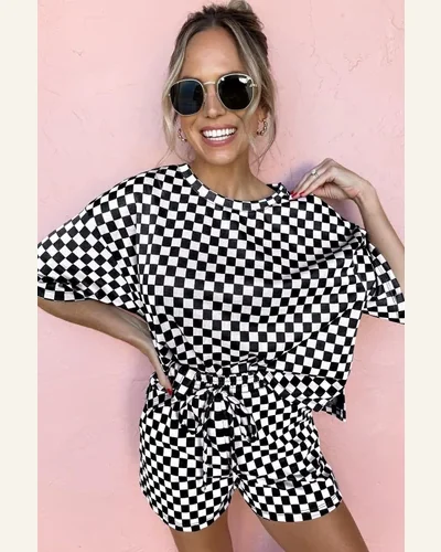 2 Piece Outfits Casual Checkered Top and Short, view 3