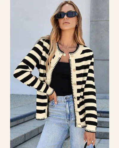 Casual Apricot Stripe Cardigan Sweater Golden Button Cardigan, view 4