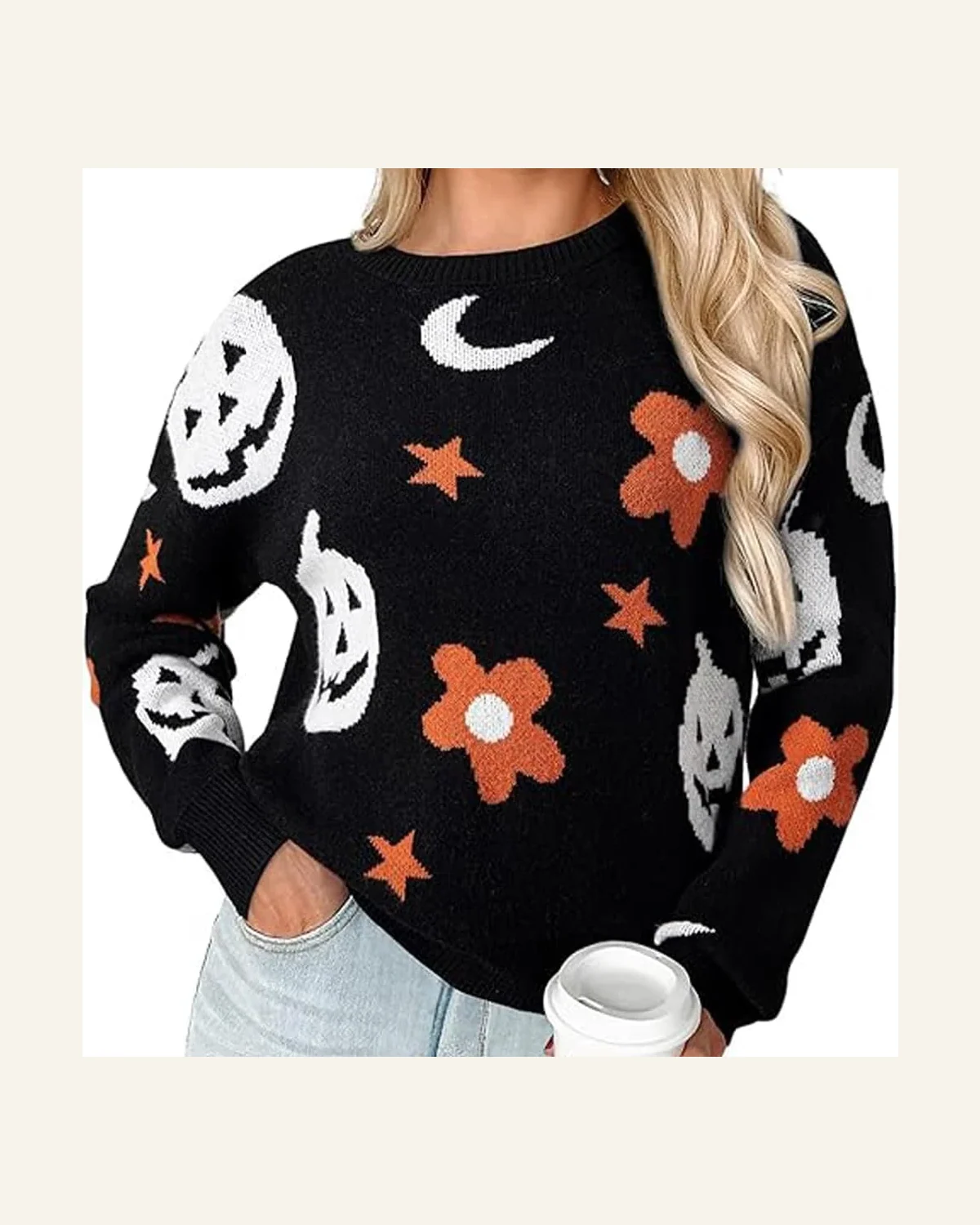 Casual Black Halloween Pullover Sweater Mythical Night Pattern by SELINK
