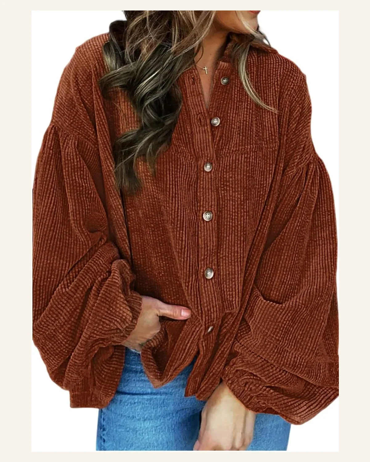 Shacket Jacket Casual Coffee Textured Corduroy Puff Sleeve by SELINK