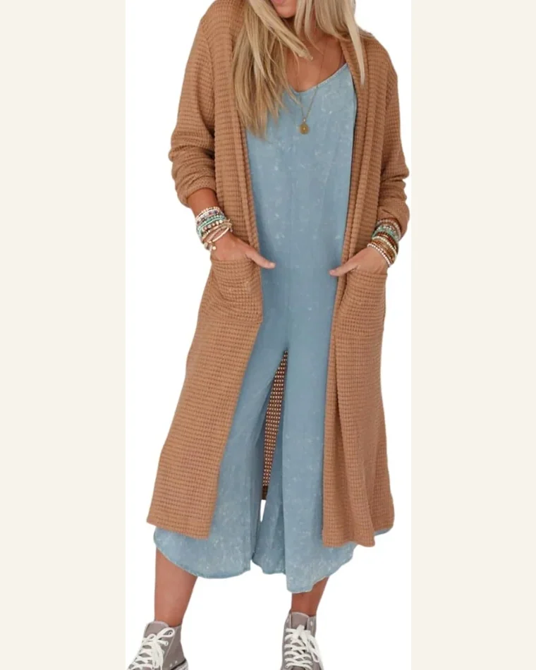 Cardigan Sweater Casual Chestnut Long Waffle Knit Cardigan by SELINK