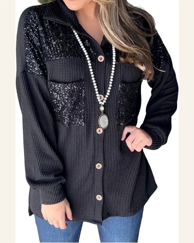 Shacket Jacket Casual Black Sequin Patch Chest Pocket by SELINK