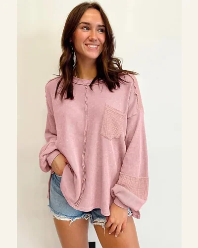 Tunic Tops Casual Pink Exposed Seam Patchwork Bubble, view 4