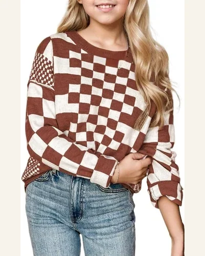 Girls Long Sleeve Sweaters Checkered Print Drop Shoulder, view 1