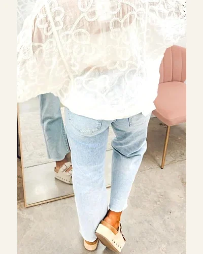 Casual Beau Blue Frayed Cropped Straight Jeans, view 2