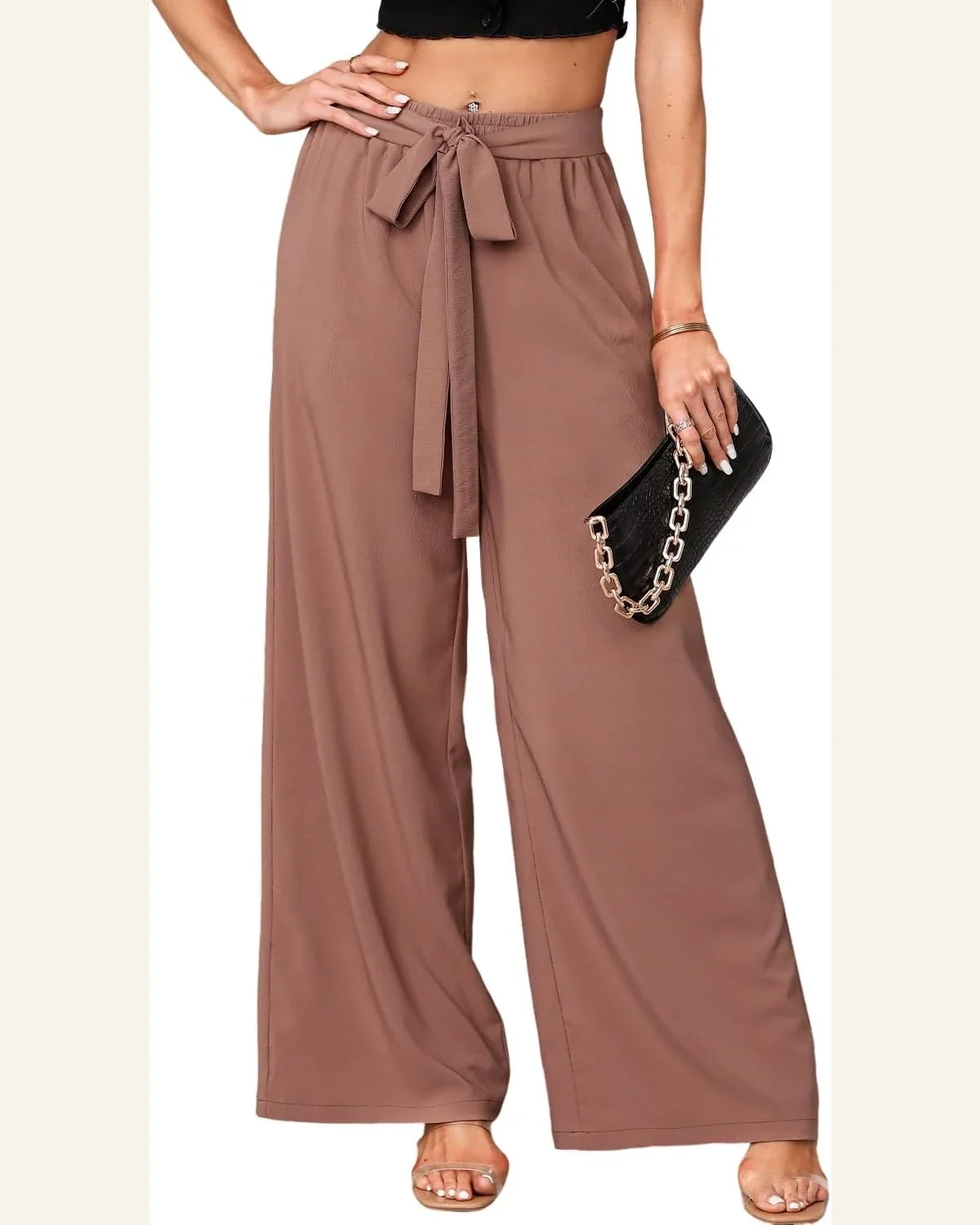 Casual Loose Elastic High Waisted Tie Pants Side by SELINK