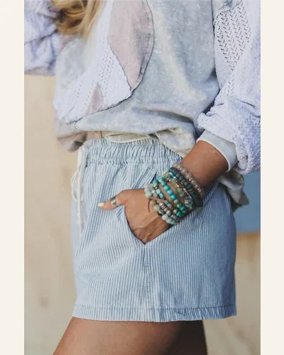 Casual Sky Blue Stripe Drawstring Denim Shorts, view 3