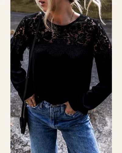Tunic Tops Elegant Black Lace Crochet Patchwork, view 3