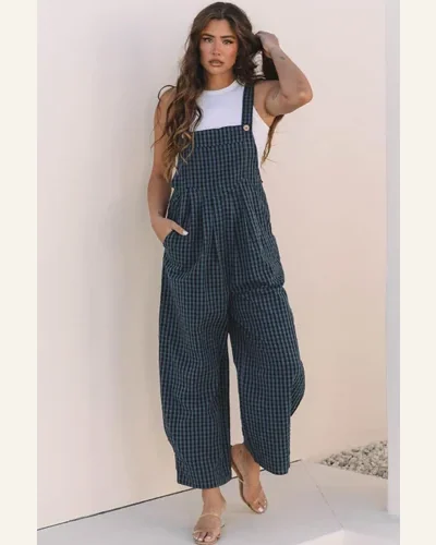 Casual Loose Sail Blue Plaid Print Buttoned Pocketed Jumpsuit, view 4