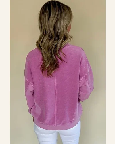 Casual Bright Pink Drop Shoulder Sweatshirts Solid Long, view 2