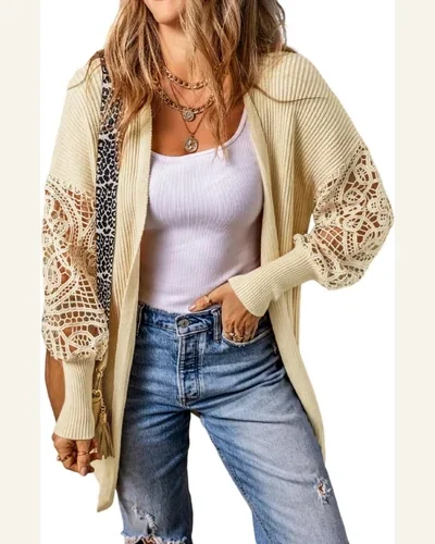 Cardigan Sweater Casual Apricot Crochet Lace Sleeve Ribbed, view 1