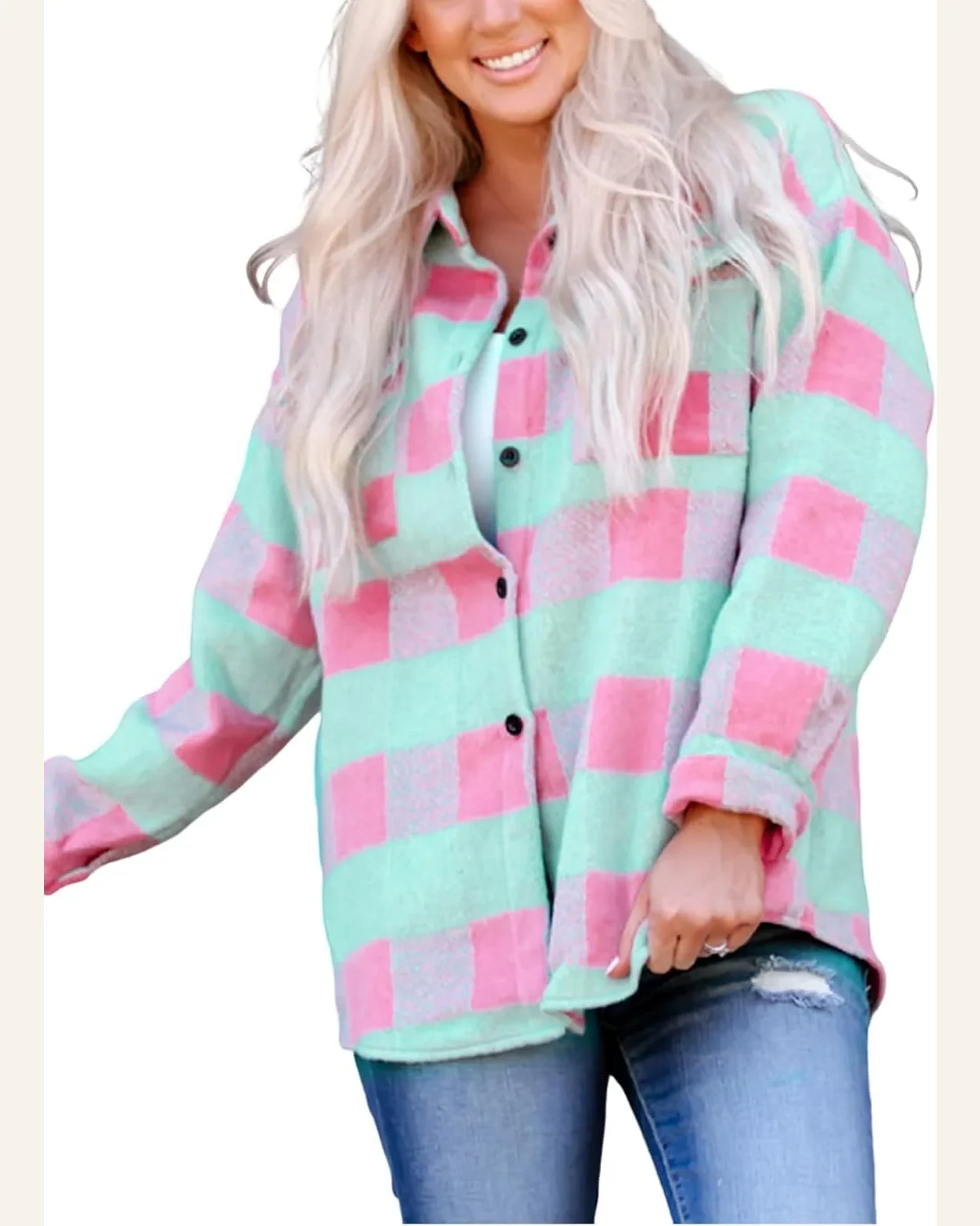 Casual Plaid Shacket Button Down Long Sleeve Shirts by SELINK