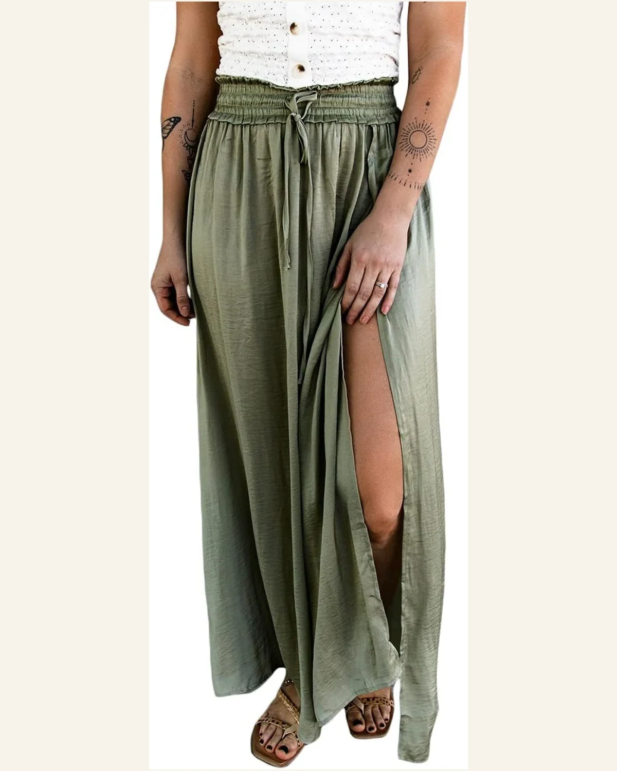Skirts Casual Green Adjustable Drawstring Smocked Waist Maxi by SELINK