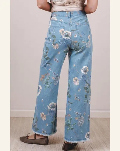 High Waisted Jeans Sky Blue Retro Floral Frayed, view 4