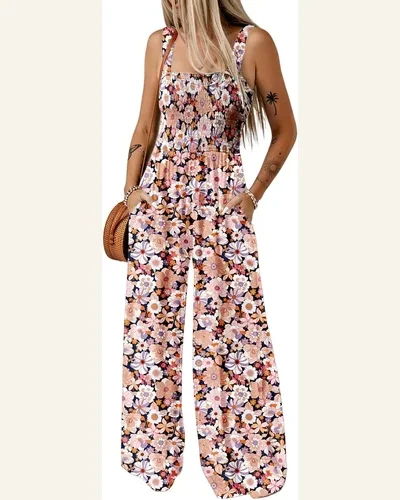 Casual Smocked High Waist Square Neck Jumpsuit Sleeveless, view 1