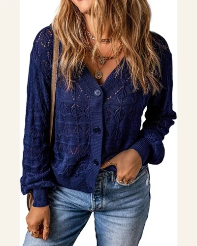 Cardigan Sweater Basic Lightweight Buttoned Front Crochet Cardigan, view 1
