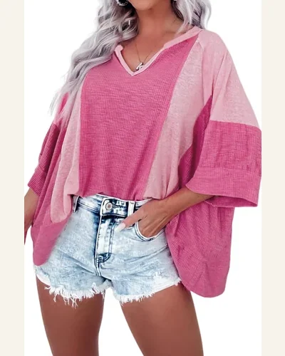 Tunic Tops Casual Bright Pink Textured Colorblock 3/4, view 1