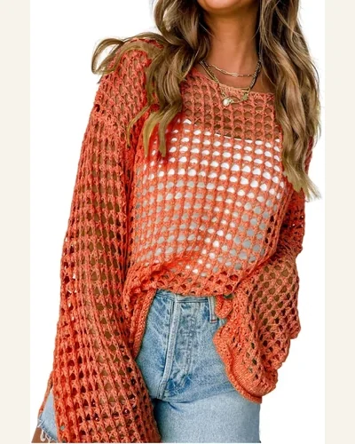 Pullover Sweater Tops Casual Orange Open Knit Crochet, view 1