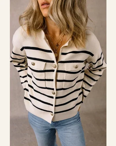Cardigan Sweater Elegant Black Stripe Flap Pocket Buttoned, view 4