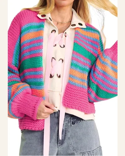 Cardigan Sweater Casual Rose Stripe Colorful Puff Sleeve, view 1