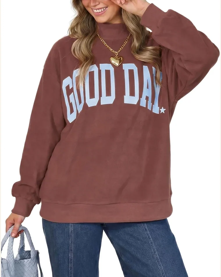 Double Printed Reversible Mock Neck Sweatshirts Pullover Tops by SELINK