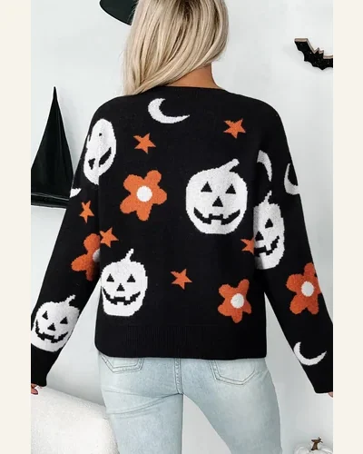 Casual Black Halloween Pullover Sweater Mythical Night Pattern, view 2