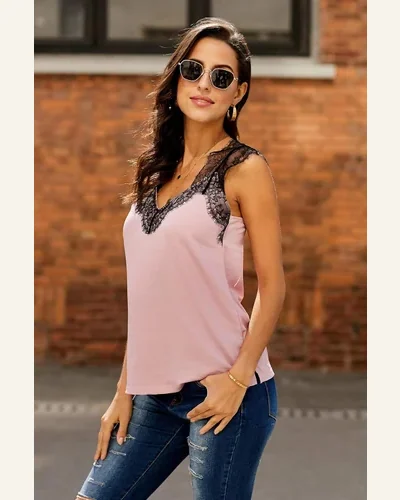Lace Strappy V Neck Cami Tank Tops Casual, view 3