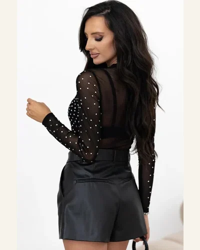 Bodysuit Black Rhinestone Sheer Mesh Long Sleeve Bodysuit, view 2
