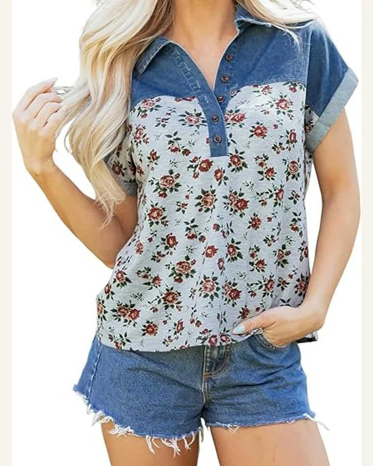 Retro Floral Print Denim Patchwork Polo T-Shirt by SELINK