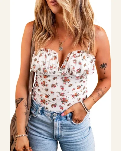 Bodysuit White Floral V Cut Frilled Trim Spaghetti, view 1