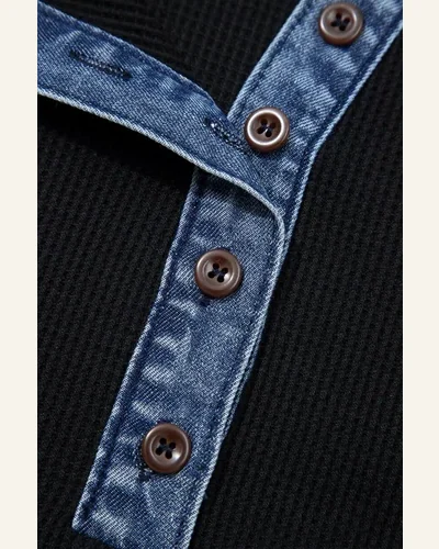 Waffle Knit Polo Shirt Contrast Denim Patchwork Top, view 2