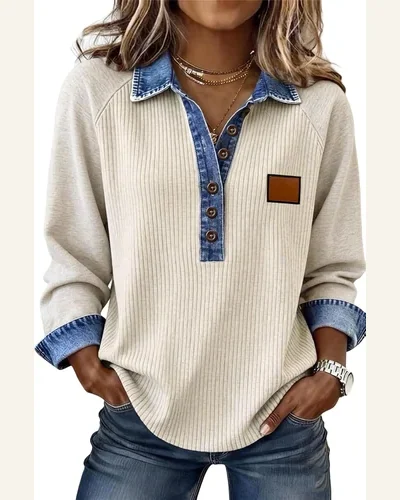 Ribbed Denim Collar Long Sleeve Button Tunic Top, view 1