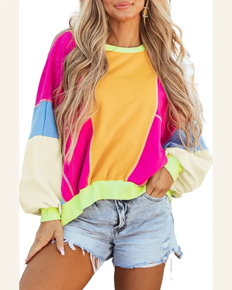 Tunic Tops Casual Grapefruit Orange Colorblock Patchwork Exposed by SELINK