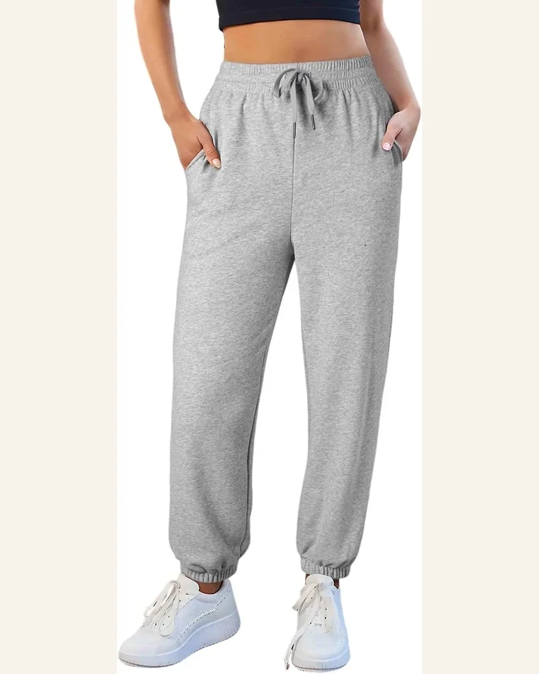 Casual Light Grey Fleece Lined Pants Drawstring Elastic by SELINK