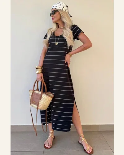 Casual Loose Black Stripe Side Slit Maxi Top, view 4