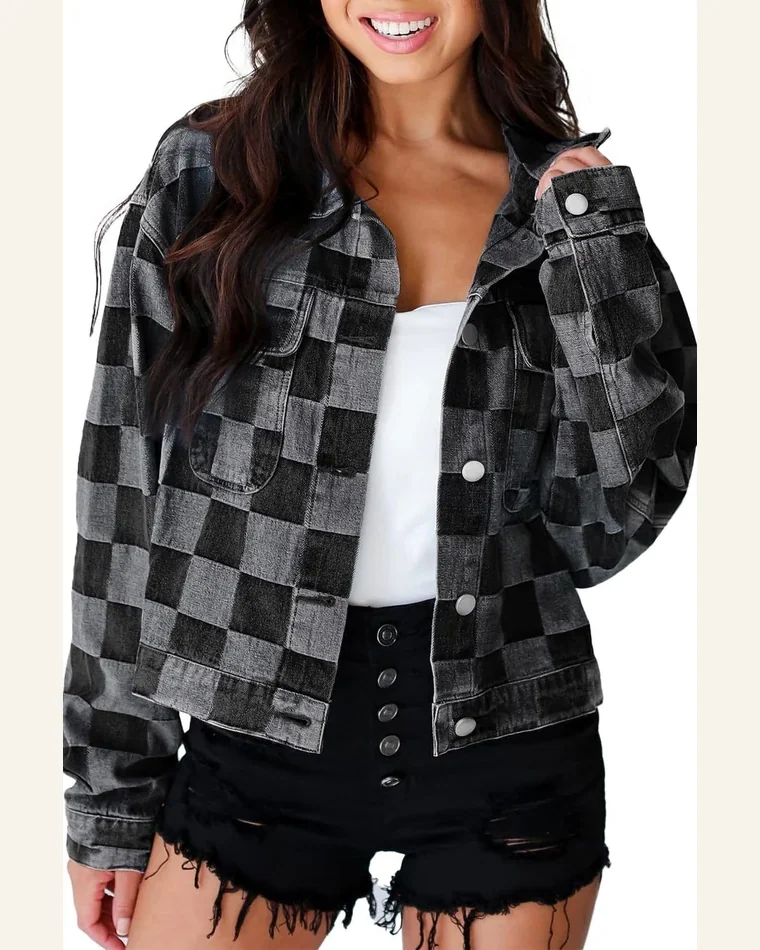 Casual Black Checkered Denim Jean Jacket Patchwork Button by SELINK