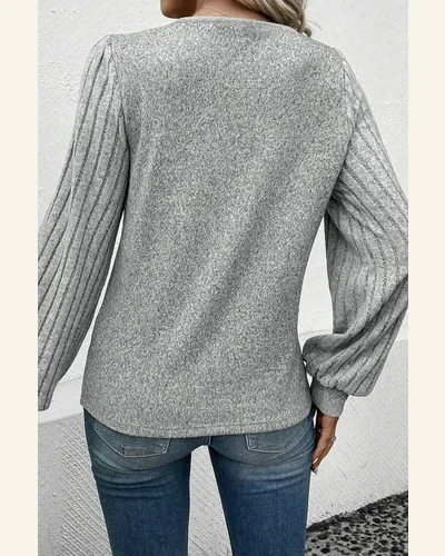 Tunic Tops Casual Light Grey Buttoned V Neck, view 2