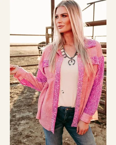 Shacket Jacket Casual Apricot Pink Mineral Wash Sequin, view 3