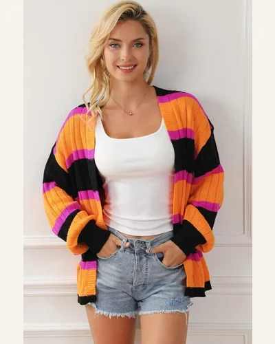 Cardigan Sweater Casual Black Striped Colorblock Drop Shoulder, view 4