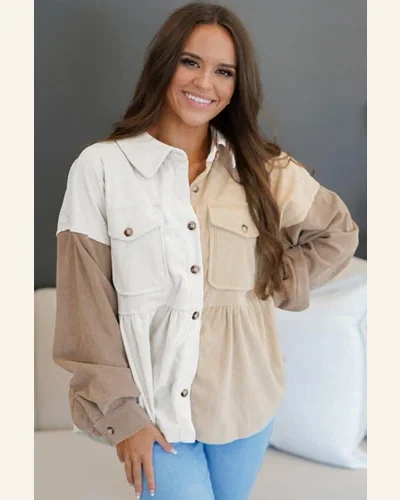 Shacket Jacket Casual Khaki Corduroy Colorblock Button, view 4