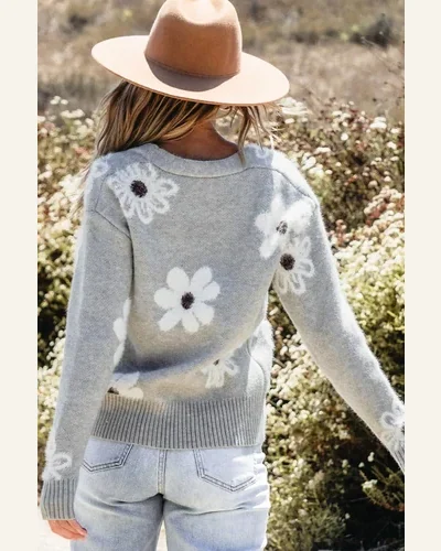 Cardigan Sweater Casual Light Grey Floral Print, view 2
